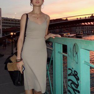 Tan Bodycon Spaghetti Strap Midi Dress Size S